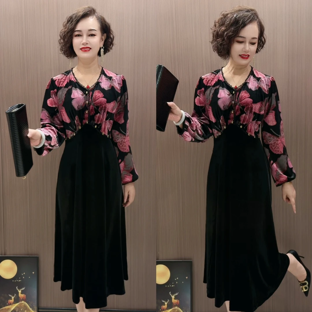 25B02款拼色时尚气质优雅丝绒洋气复古减龄连衣裙中长款长袖裙子