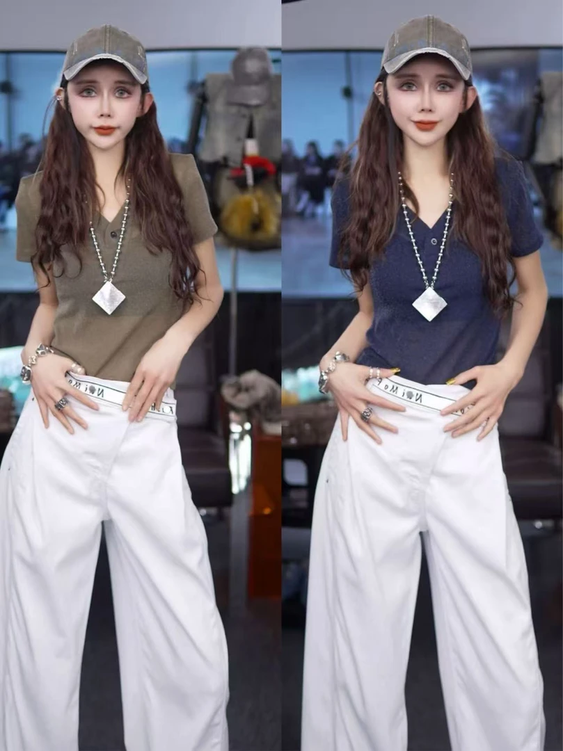 星宝定制微透韩国亮丝欧货V领纽扣正肩短袖T恤夏季新款修身显瘦衣