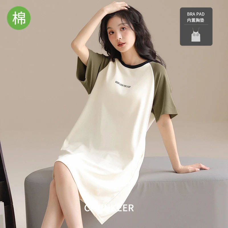 睡裙带胸垫女夏纯棉休闲款套头短袖睡衣中长裙子可外穿时尚家居服