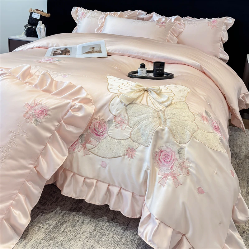 韩版莱赛尔兰精天丝刺绣夏被四件套497浪漫蝴蝶结-粉YB