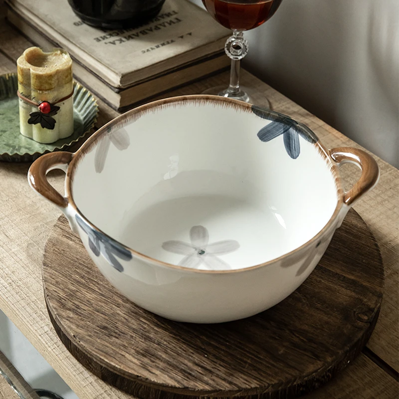 小悠家〖田园风手绘双耳碗〗8英寸不规则陶瓷碗高颜值日式汤碗面碗