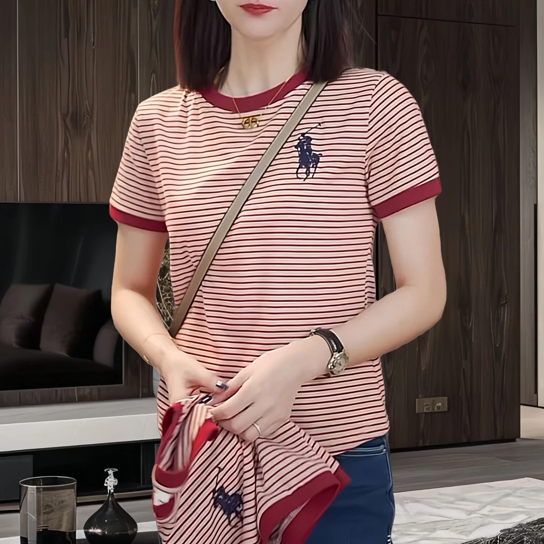 【骑士小马】2025春夏新款短袖T恤女修身显瘦条纹休闲百搭刺绣上衣