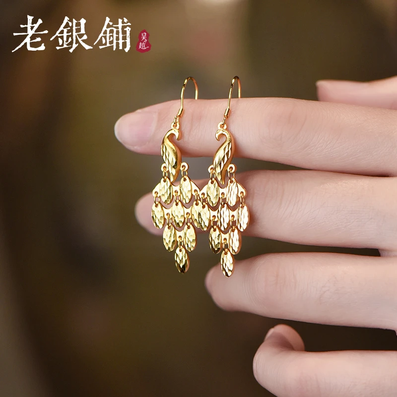 吴越老银铺 足银耳饰 999足银手工錾刻孔雀耳环银耳环优雅时尚