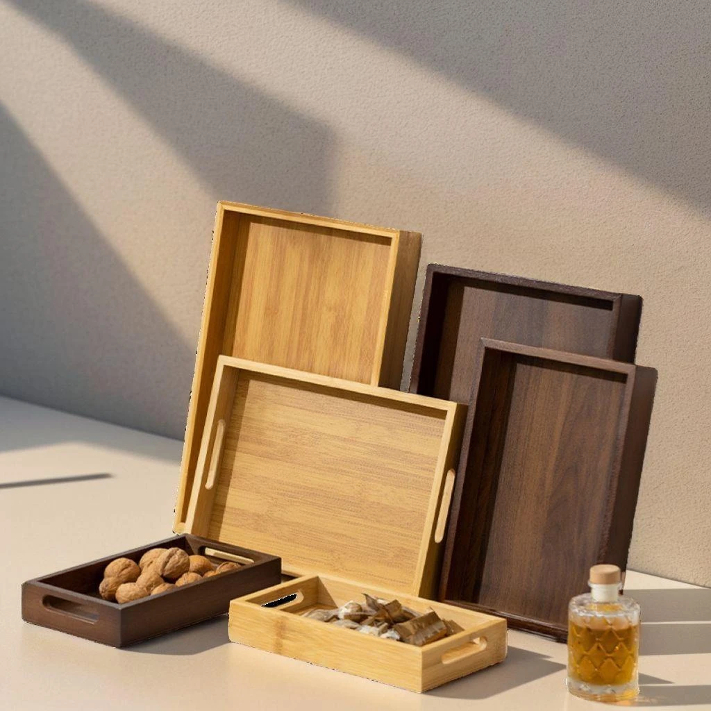 竹木托盘胡桃木纹提手盘家用茶盘酒店茶水盘长方形收纳盘厂家批发