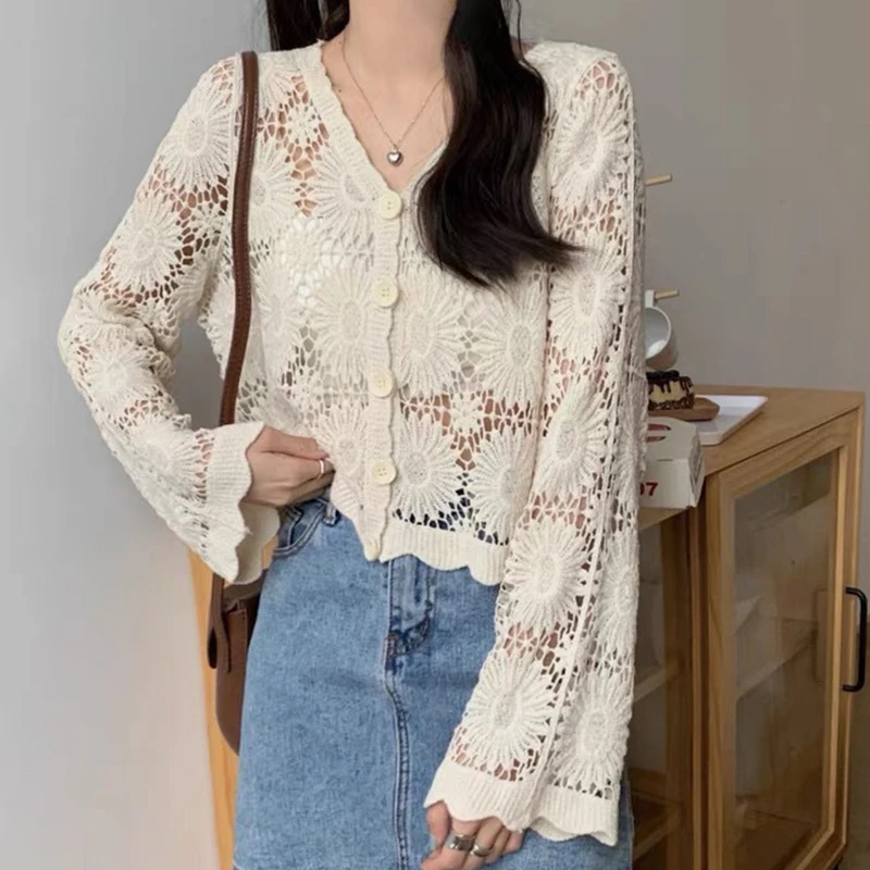 [229]短款上衣女春夏2024新款时尚减龄v领镂空空调针织衫长袖开衫