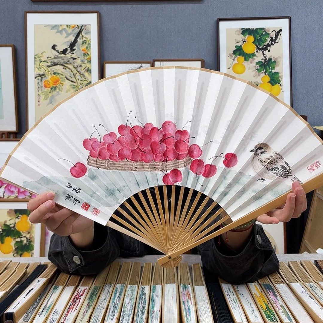 国画95寸玉竹-纯手绘-文玩扇骨（默认粘好）