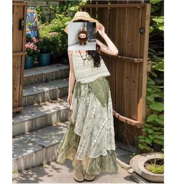 森女部落原创设计感波西米亚蕾丝拼接度假套装裙子度假海边半身裙