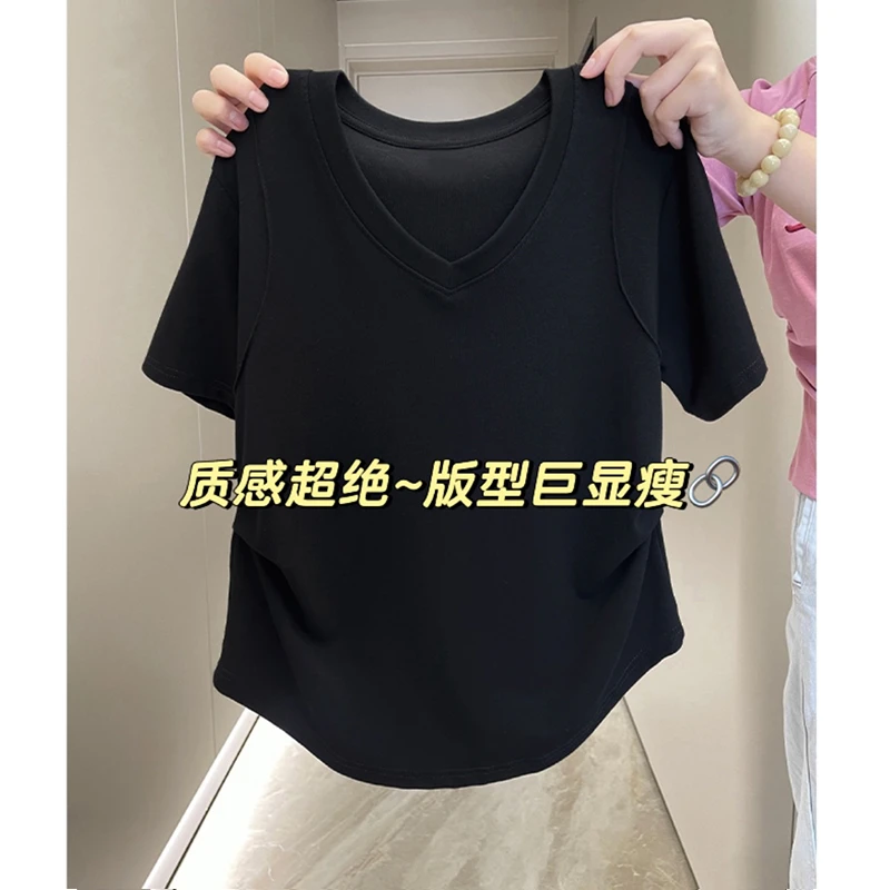 大码200斤甜酷辣妹风正肩V领掐腰短袖t恤女夏季新款百搭显瘦上衣