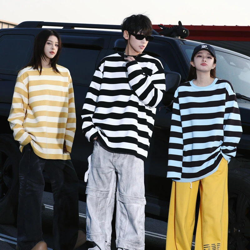 2025男女T恤春季横条纹圆领长袖T恤男装休闲宽松情侣装外景大码