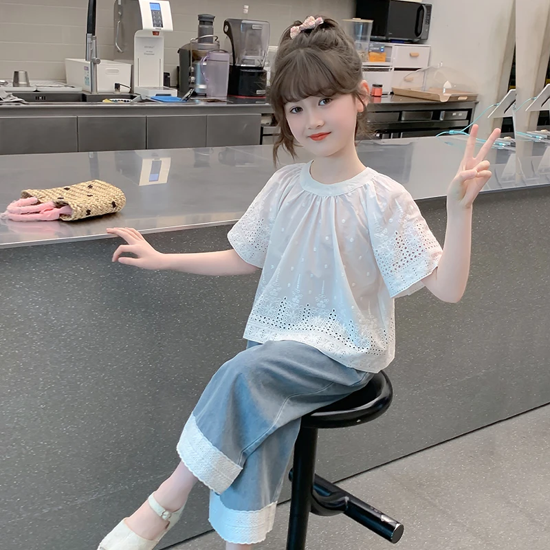 女童夏装套装2025新款儿童网红洋气时髦短袖牛仔裤夏季女孩两件套