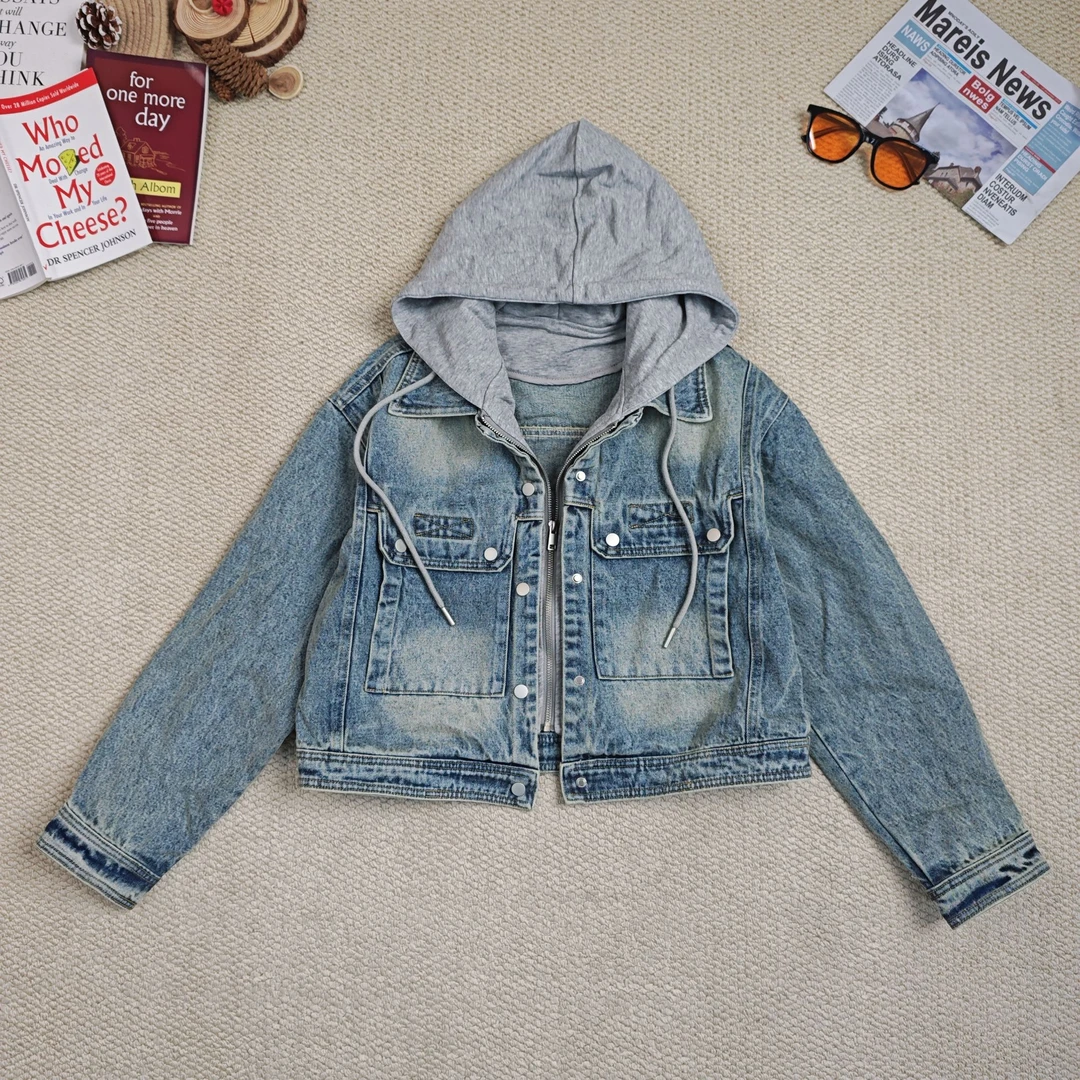 2024年早秋新款潮牌做旧连帽长袖牛仔外套8622