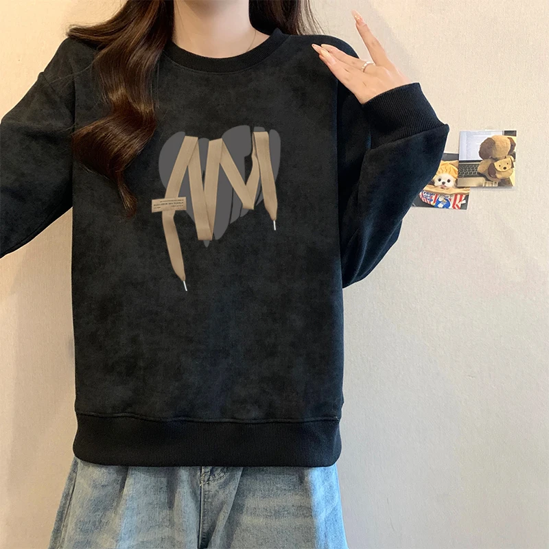 秋冬季圆领卫衣女宽松百搭洋气外套加绒加厚2025新款美式扎染上衣