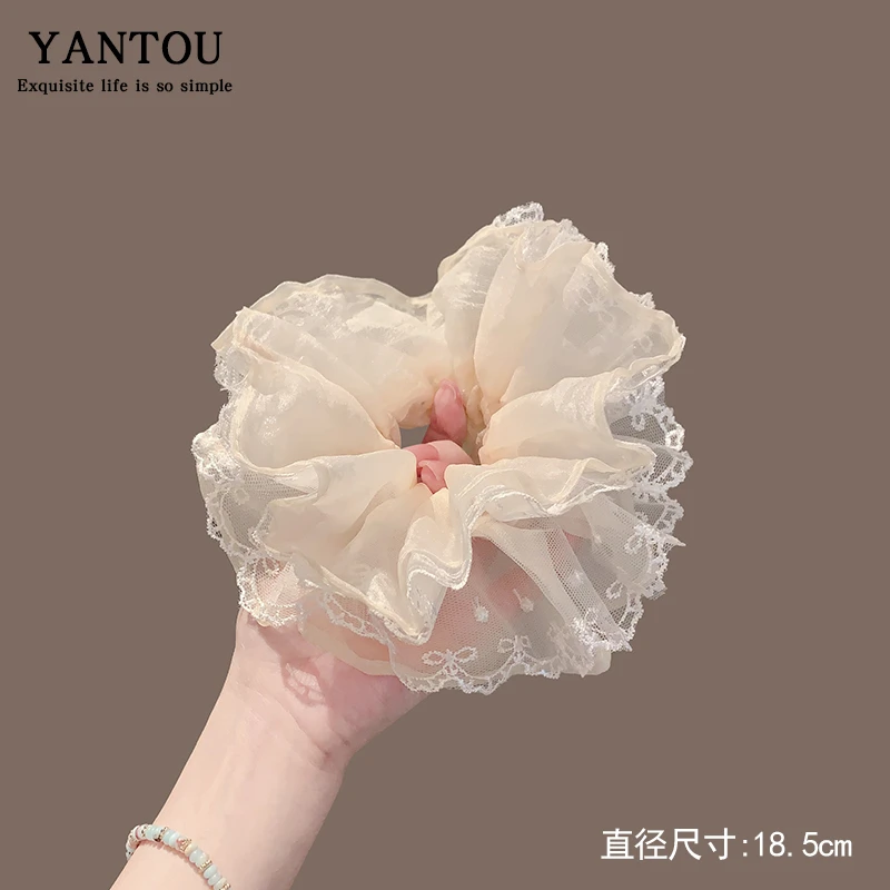 法式米色气质蕾丝花边多层大肠发圈女2025春夏低马尾大号发饰头绳