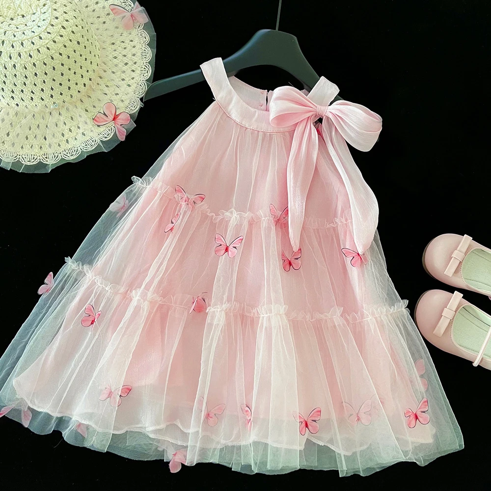 女童夏季连衣裙蝴蝶结2025新款儿童无袖挂脖裙立体蝴蝶网纱背心裙
