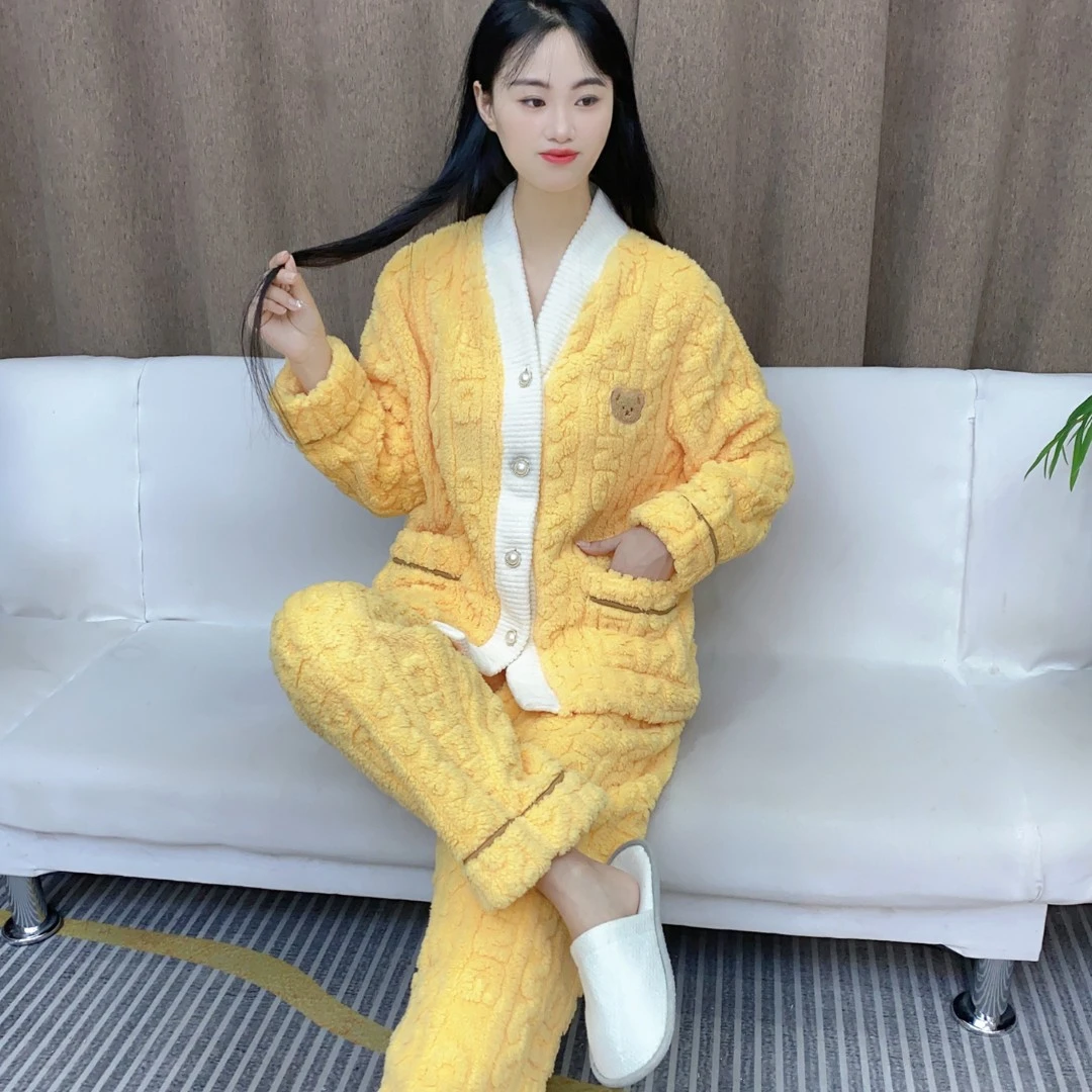 舒适法兰绒睡衣女款秋冬季新款加绒加厚甜美保暖大码青年套装Y147