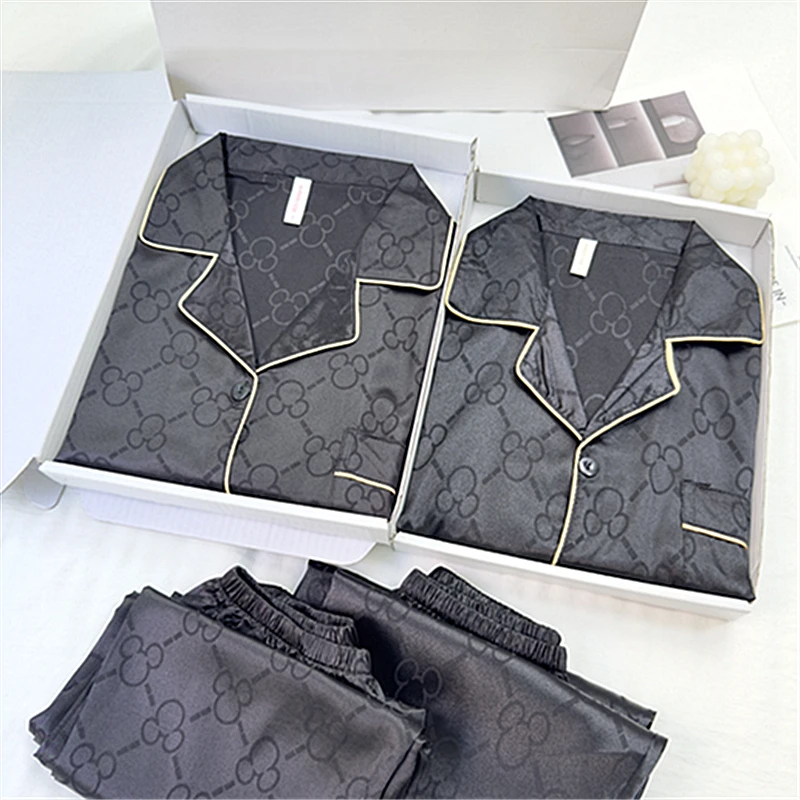 情侣睡衣春秋款长袖长裤黑色米奇轻奢提花高级感加大码男女家居服