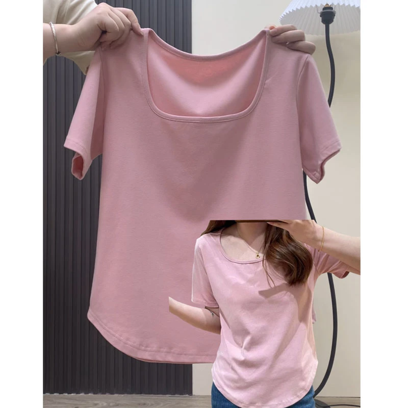 大码小众别致方领正肩纯色减龄短袖t恤女夏季百搭显瘦打底衫上衣