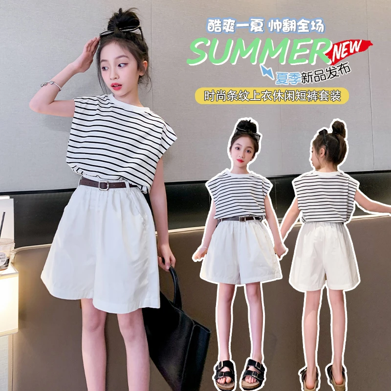条纹薄款套头常规夏季女韩版套装短裤夏装网红芭蕾风