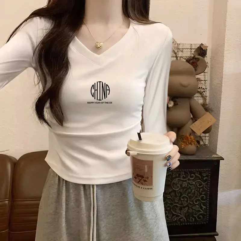 V领正肩打底衫女装2025春秋修身显瘦长袖收腰抽褶T恤韩版上衣内搭