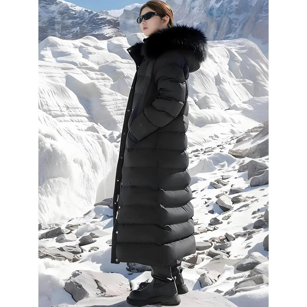 新款大毛领鹅绒服女长款过膝到脚踝超长款加厚连帽羽绒服女外套潮