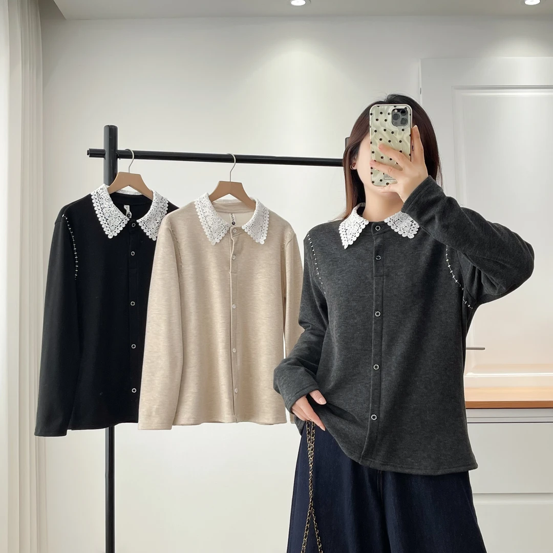 百搭加绒蕾丝领微胖mm大板型宽松显瘦大码女装内搭打底衫T恤衫