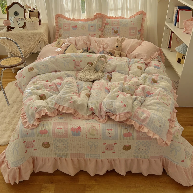 A类母婴加厚夹棉水洗棉床盖四件套四季通用棉麻双层纱床盖三件套