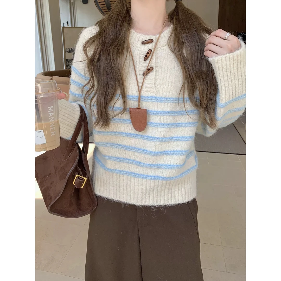 2025秋冬新款韩系慵懒风开领毛衣针织衫洋气时尚条纹百搭上衣女