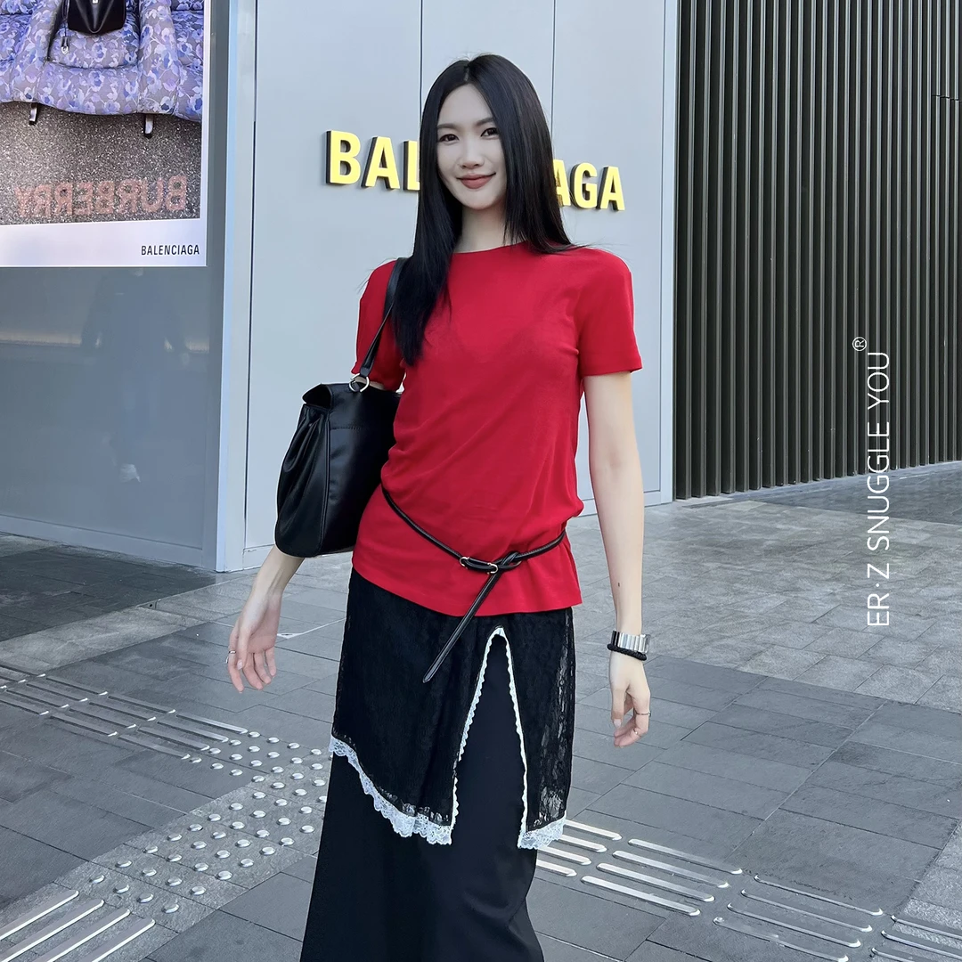 ERZ墨小墨|100%棉罗纹针织布红色短袖T恤圆领薄款短袖 TB1T211910