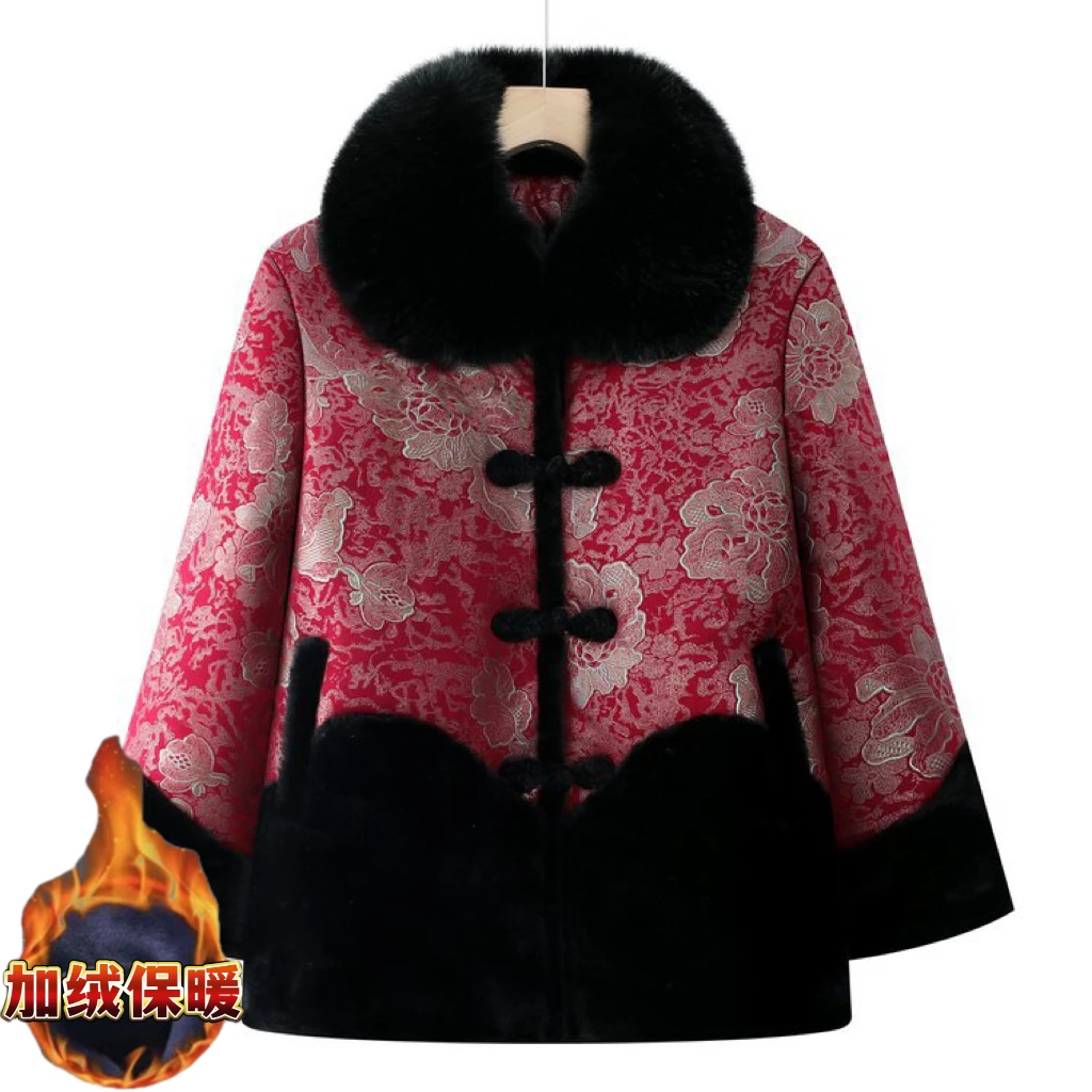老年人过年新衣服高档毛领新中式洋气本命年加绒加厚棉衣妈妈装