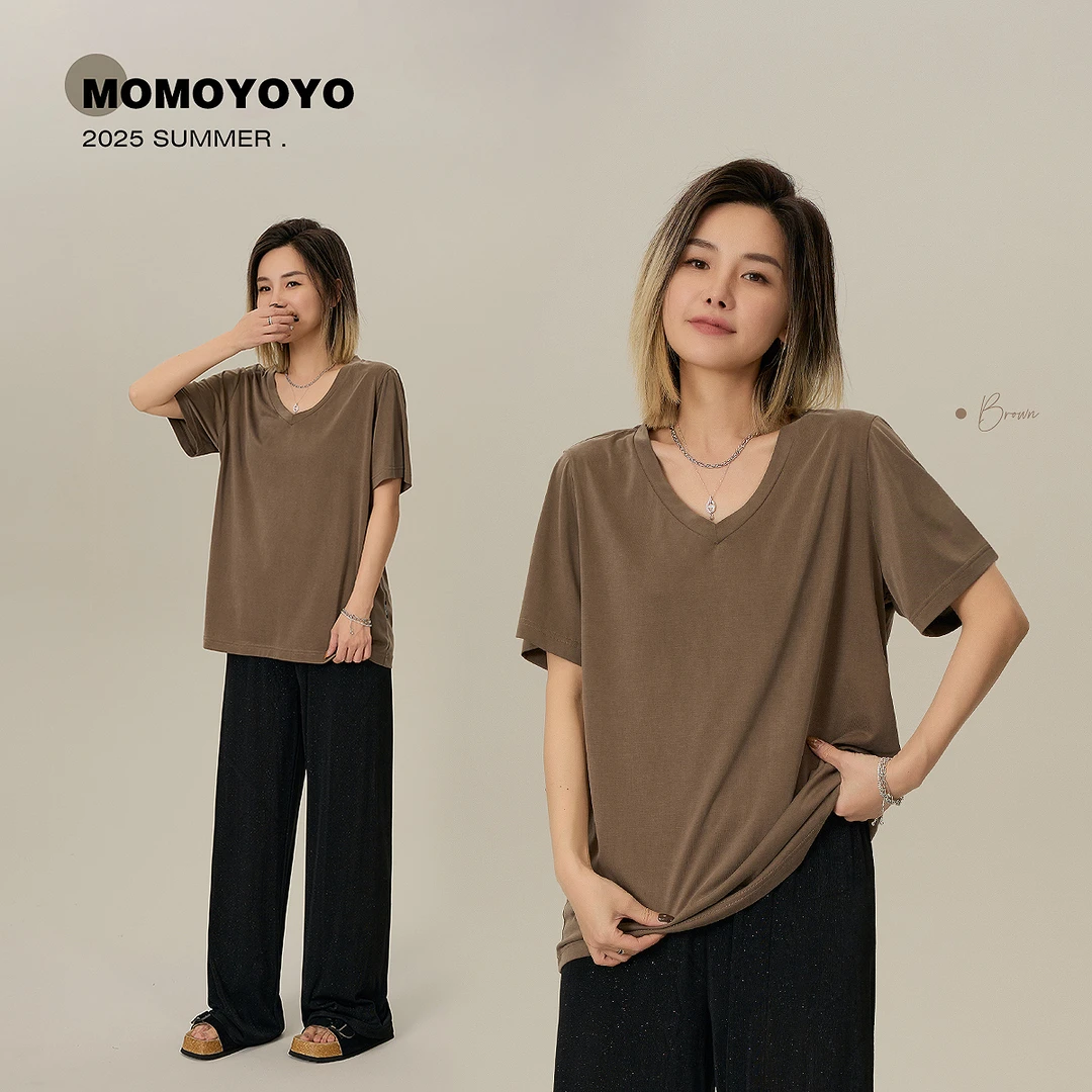 辰辰妈【大v领】夏季2025新款舒适儿童亲子百搭大V领宽松T恤 7688DM