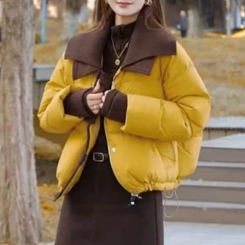 撞色翻领针织拼接棉服女2025秋冬宽松短款日常通勤休闲穿搭