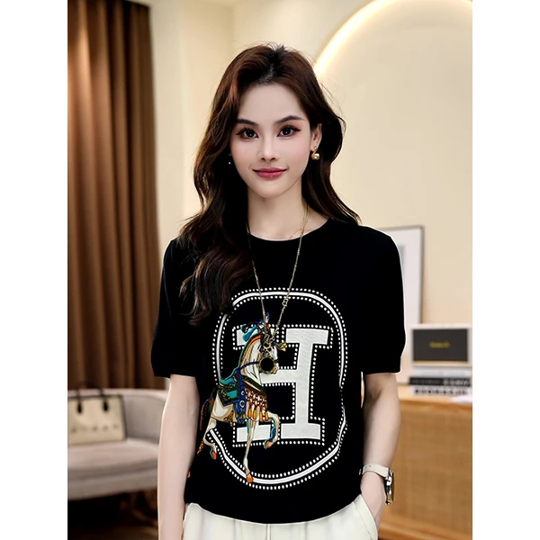 夏季休闲时尚气质薄款洋气百搭小衫宽松显瘦短袖圆领冰丝针织衫女