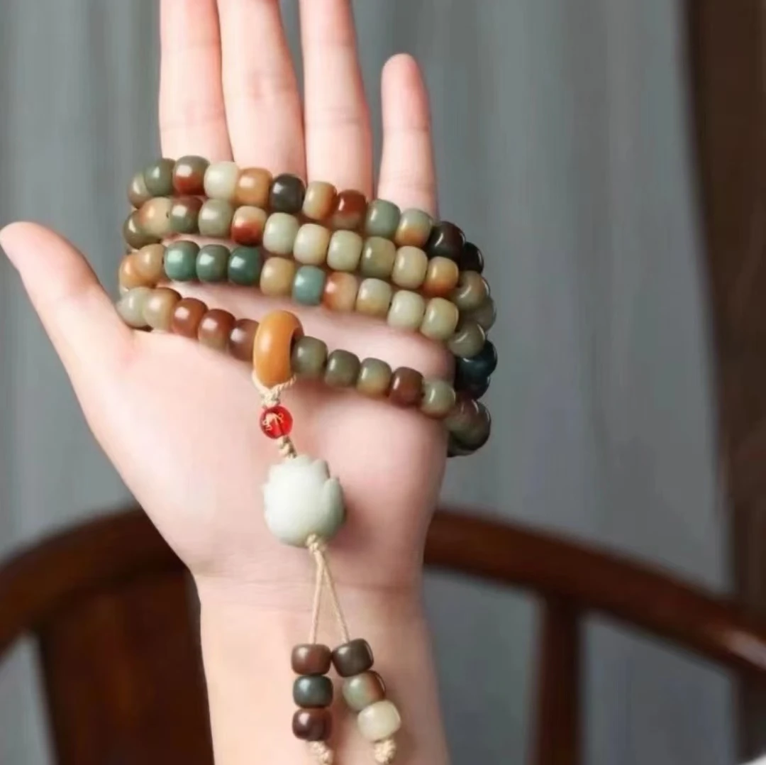 菩提根手串108颗多宝色风化黄绿手链手串桶珠彩色菩提文玩手串
