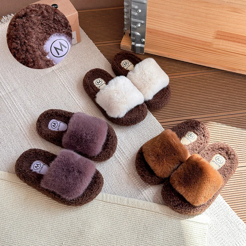 女童外穿毛毛拖鞋秋冬新款时尚高级感厚底毛绒中大童棉拖亲子拖鞋