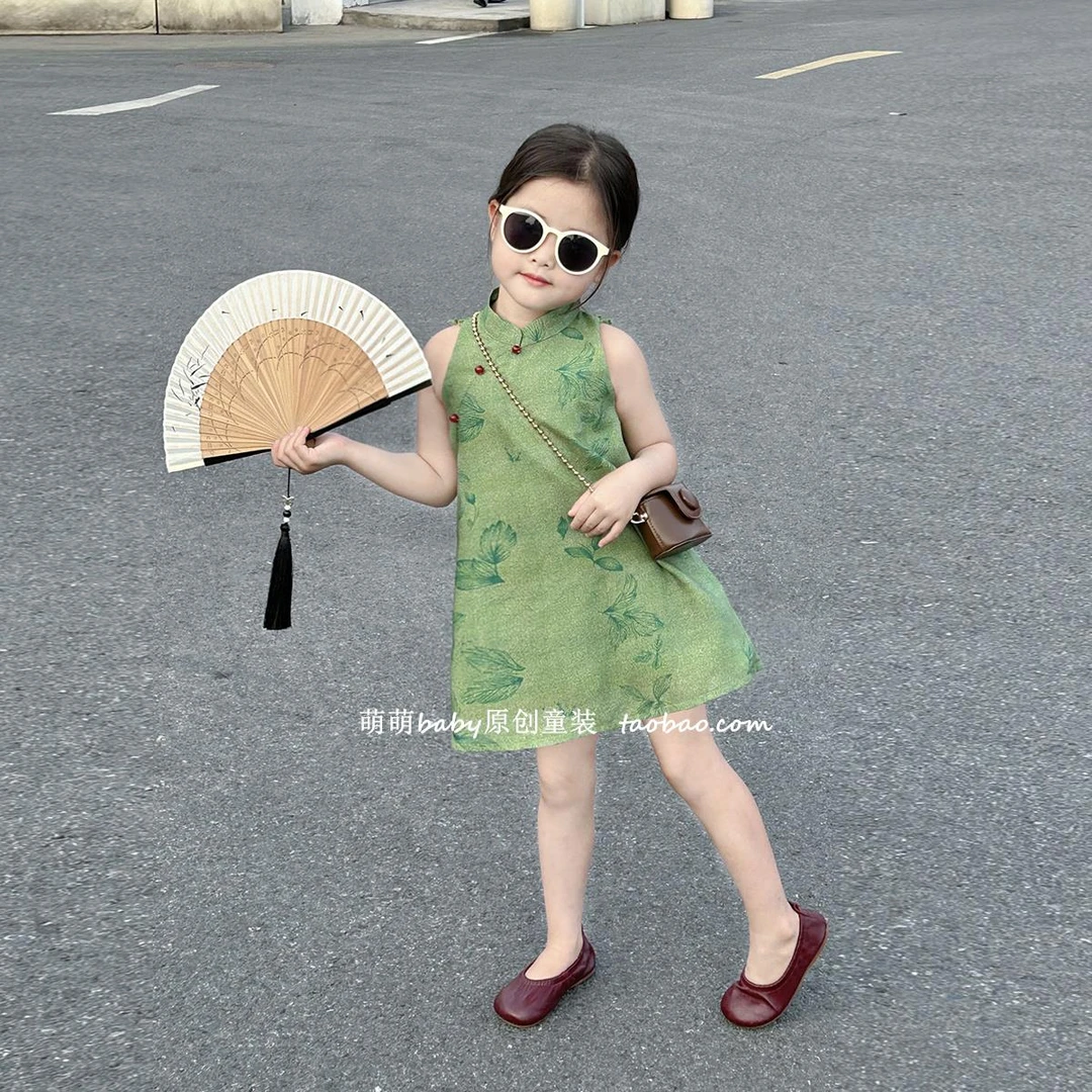 新品巴拉巴拉原创童装夏季女童复古显白绿色中式旗袍裙2025新款儿