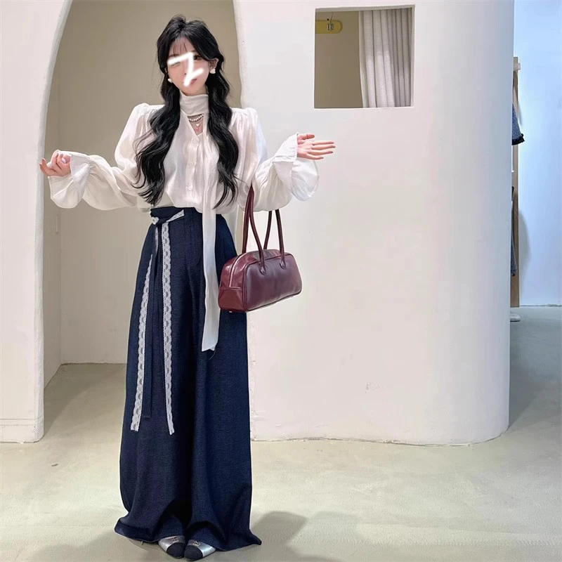 法式蕾丝花边V领上衣套装女一整套ootd穿搭春季新款裤子两件套潮
