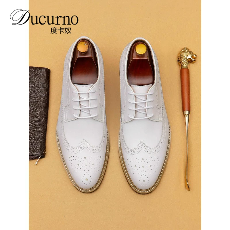 2025新款商务正装皮鞋男款高端布洛克雕花白色内增高结婚新郎男鞋