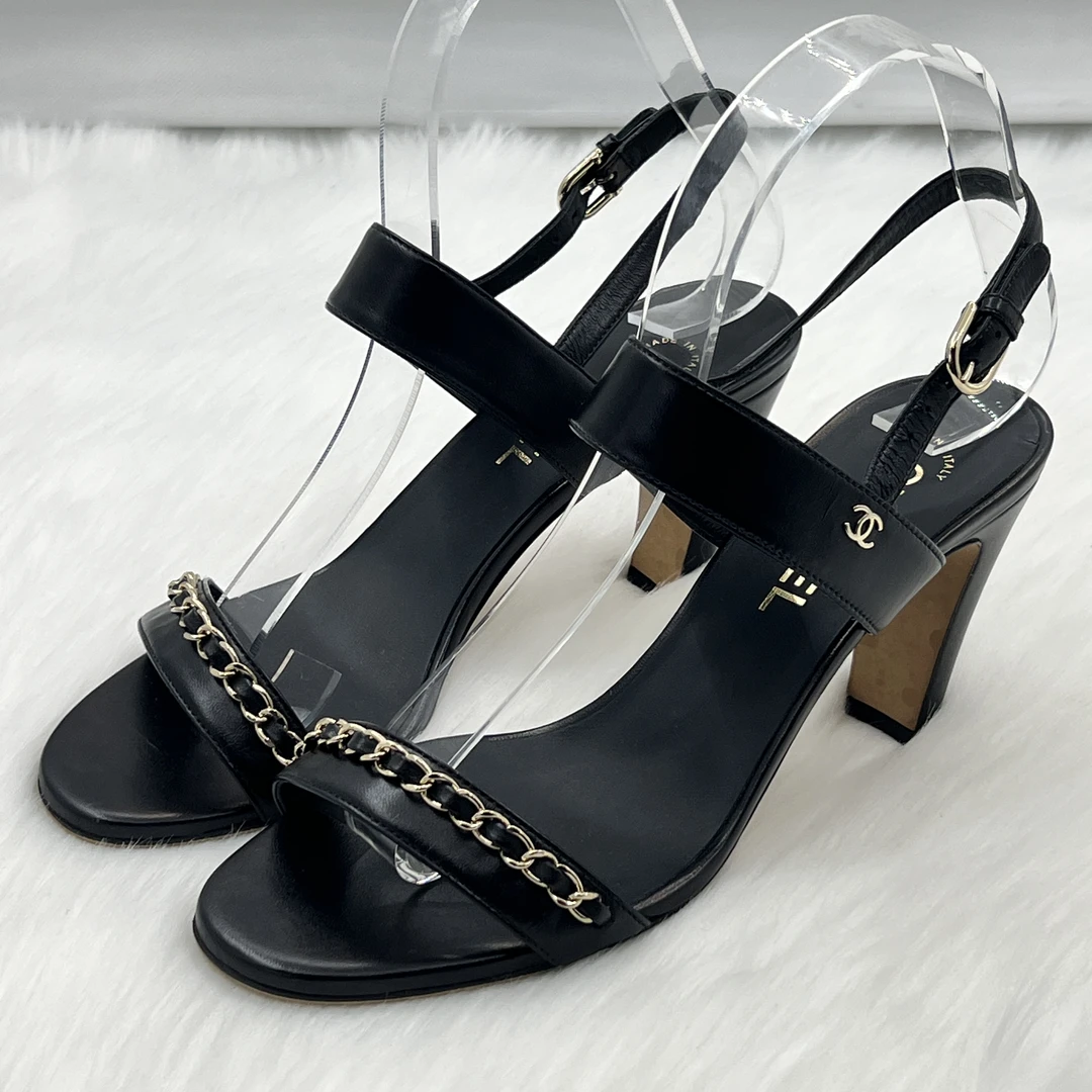 95新 Chanel/香奈儿 经典皮穿链一字带高跟鞋 38码 公价9k j5029