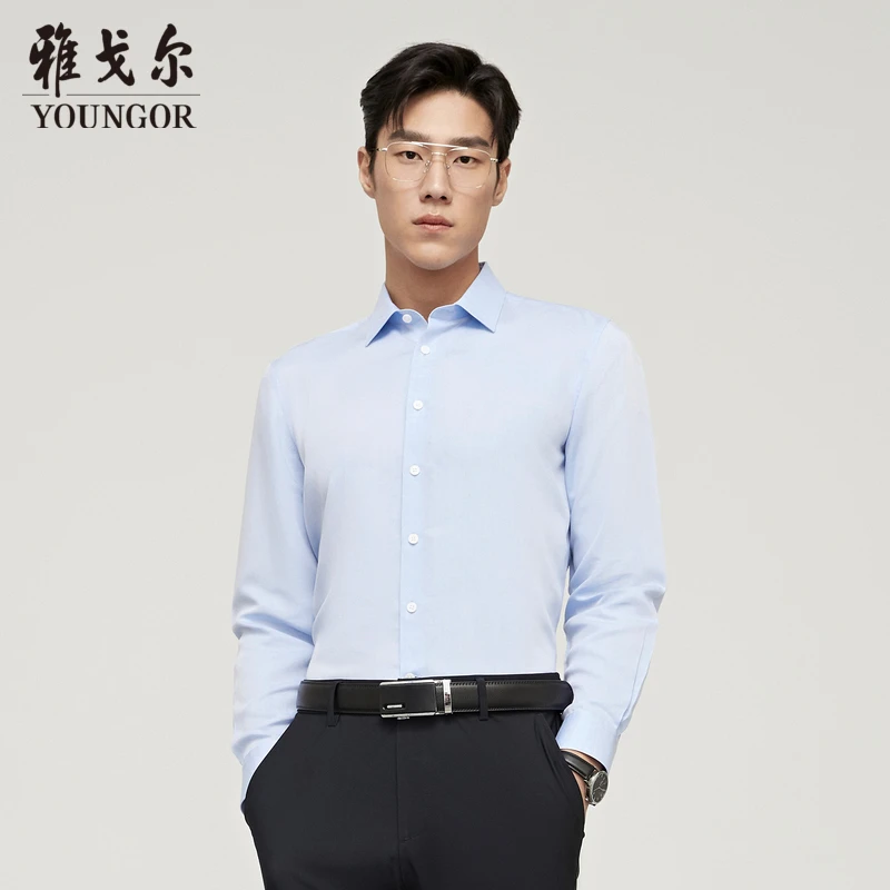 雅戈尔汉麻免烫男长袖衬衫纯色商务正装春夏时尚欧若风上衣124887