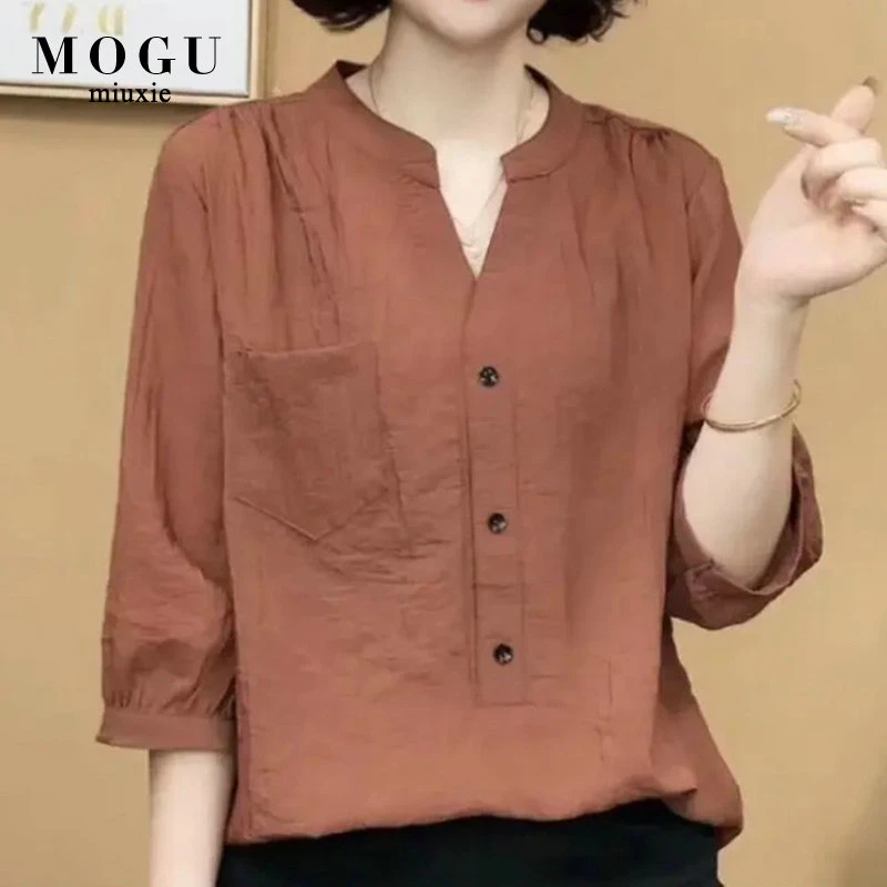 纯色七分袖衬衣女春夏新款宽松显瘦夏季V领衬衫中年妈妈装上衣