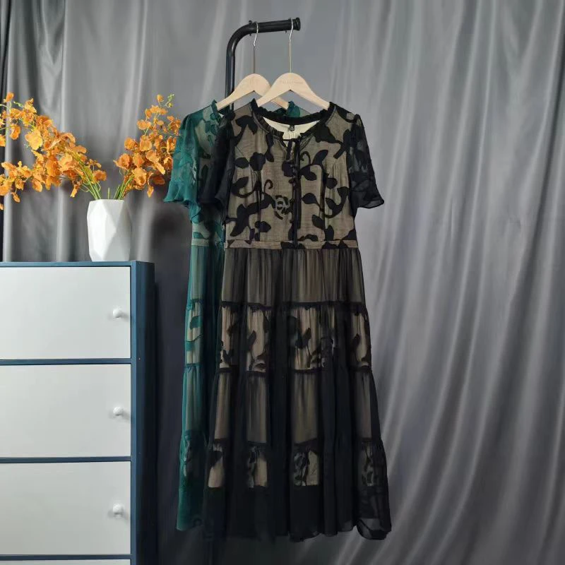 【7170连衣裙】提花显瘦气质时尚印花拼接洋气休闲百搭长款圆领