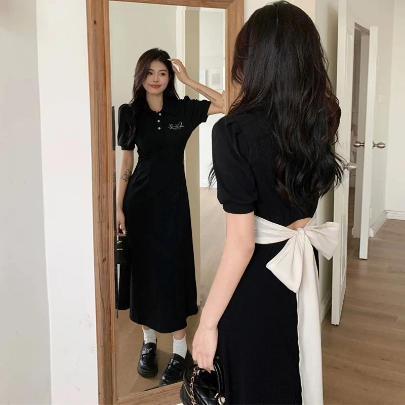 大码女装胖妹妹翻领连衣裙2025夏季新款韩版收腰显瘦黑色裙子1780