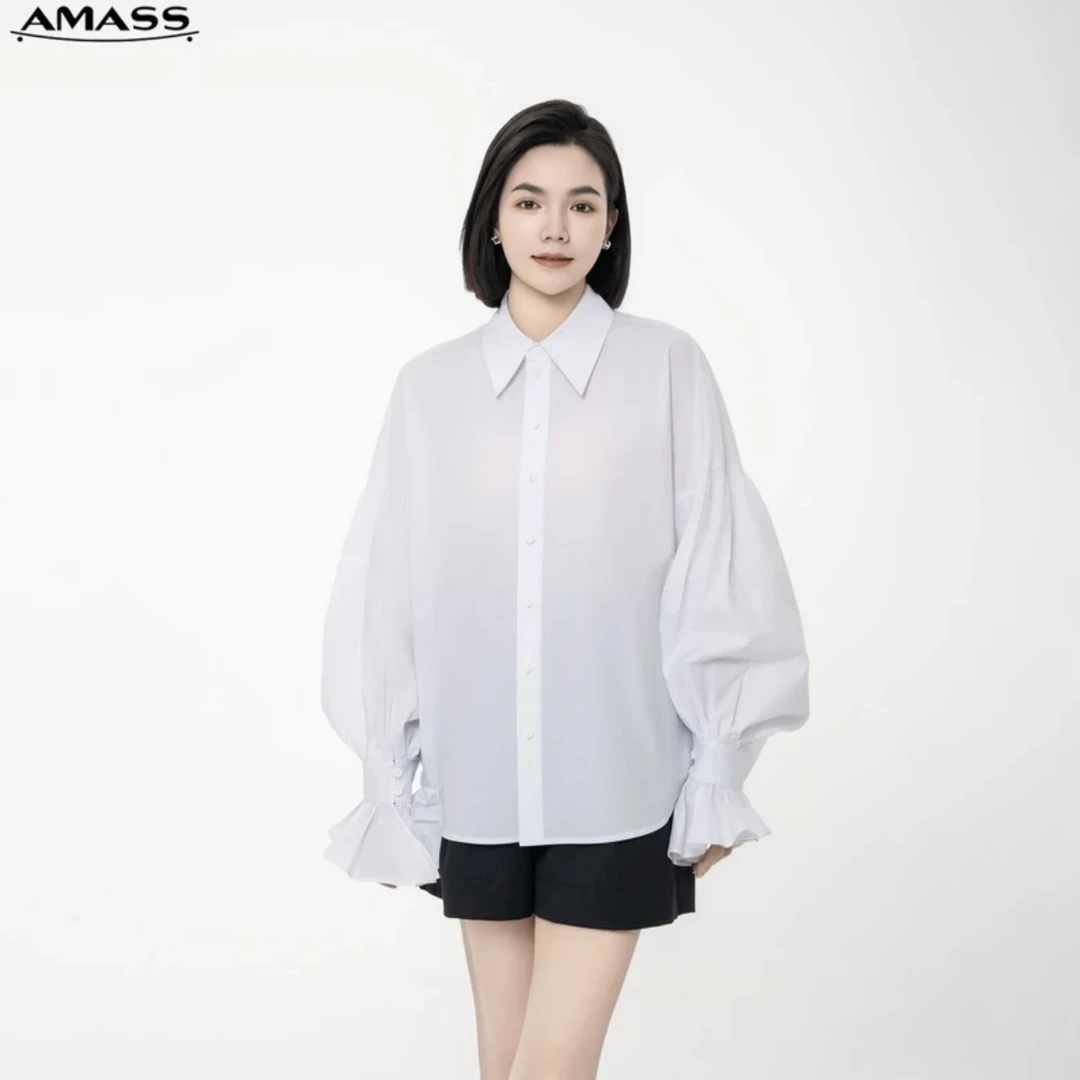 AMASS/阿玛施新款设计感气质时尚宫廷风白色泡泡袖衬衫5301042