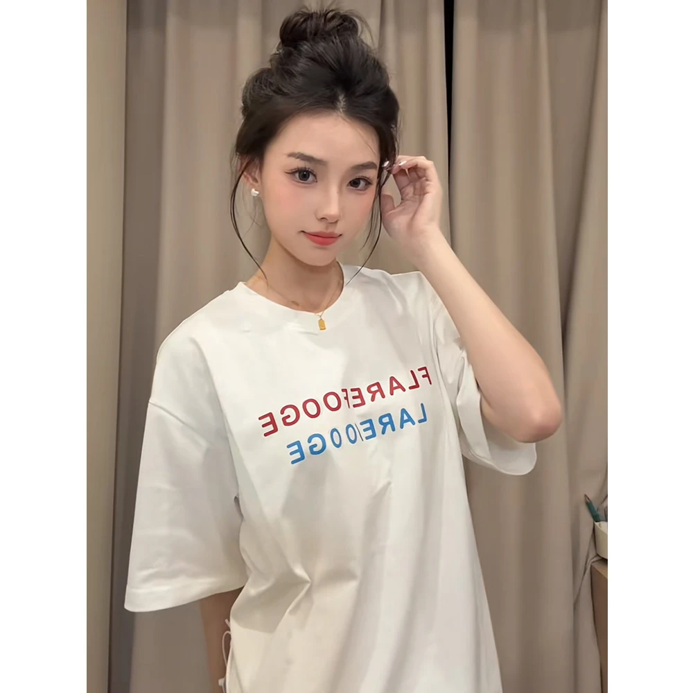 气质简约白色圆领短袖T恤女春夏款美式字母印花宽松显瘦百搭上衣