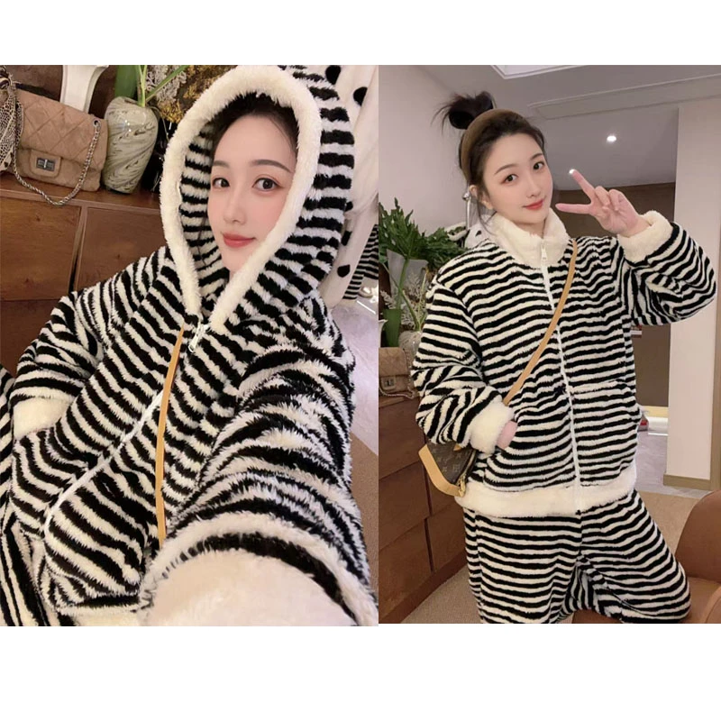 【百灵睡衣】条纹连帽睡衣立领家居服两件套装女装加厚睡衣保暖秋冬