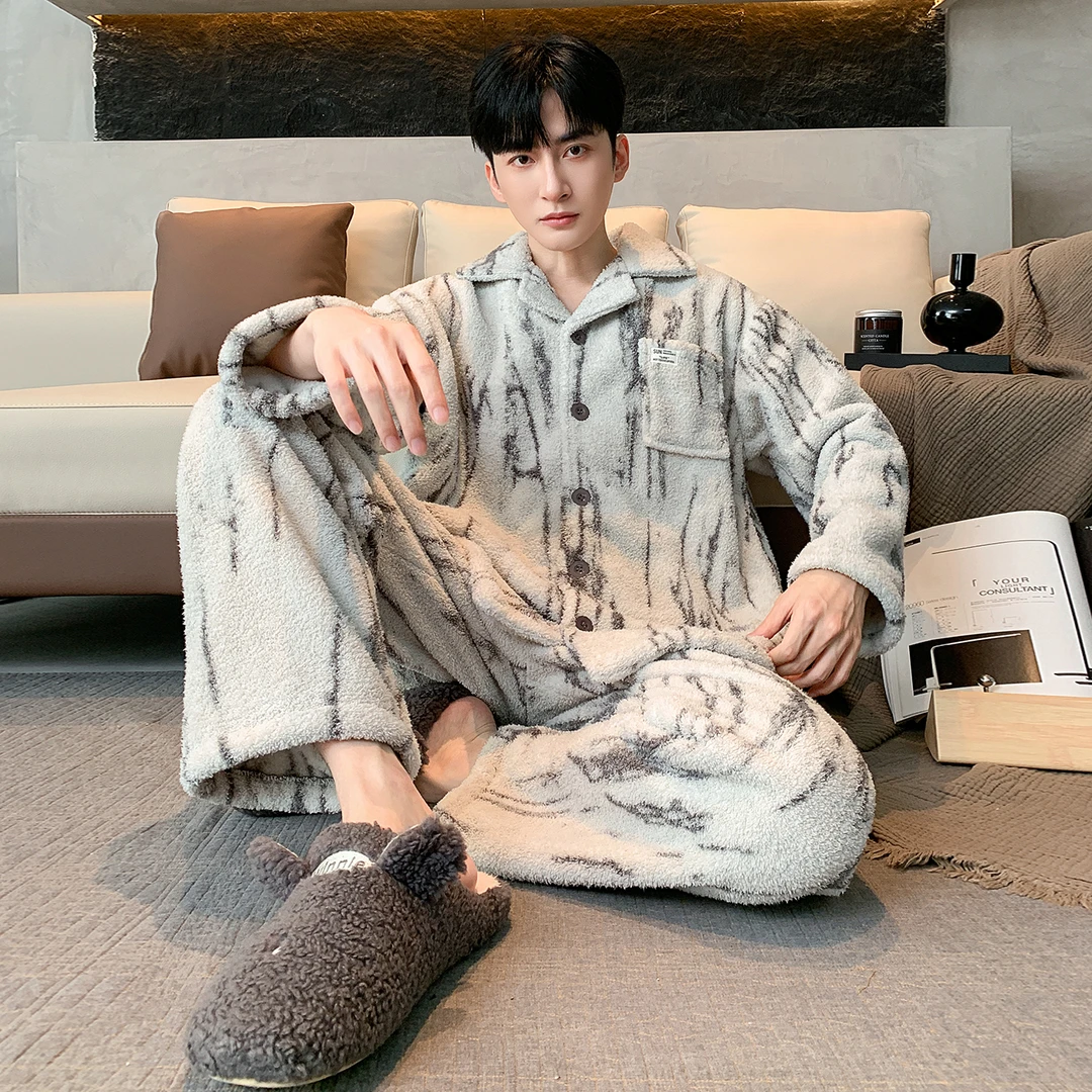 冬季半边绒轻奢男士睡衣加绒加厚珊瑚绒保暖休闲时尚冬款男家居服