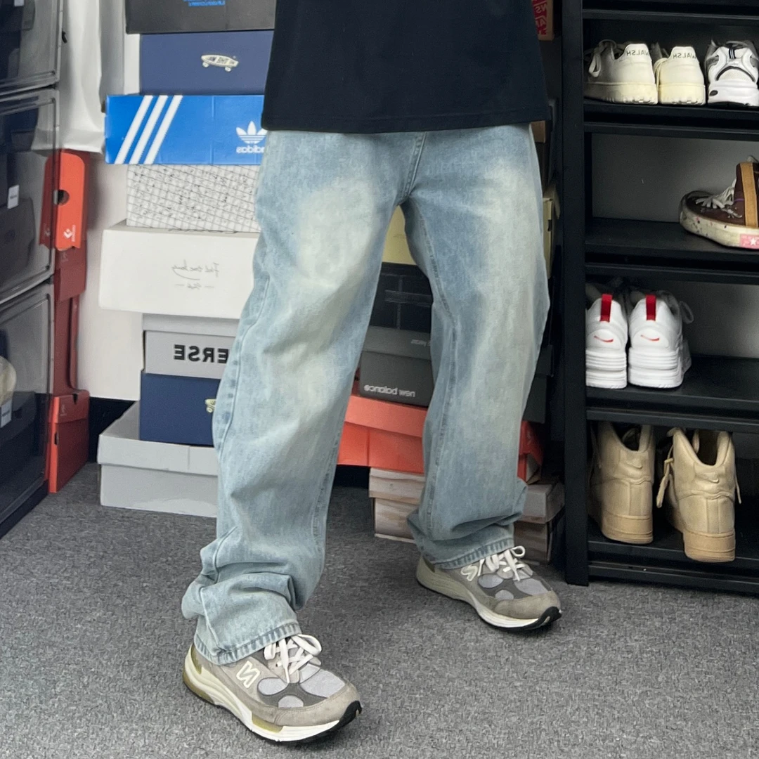斌斌梨美式新款潮流宽松直筒长裤大码男装vibe风裤子浅蓝色牛仔裤