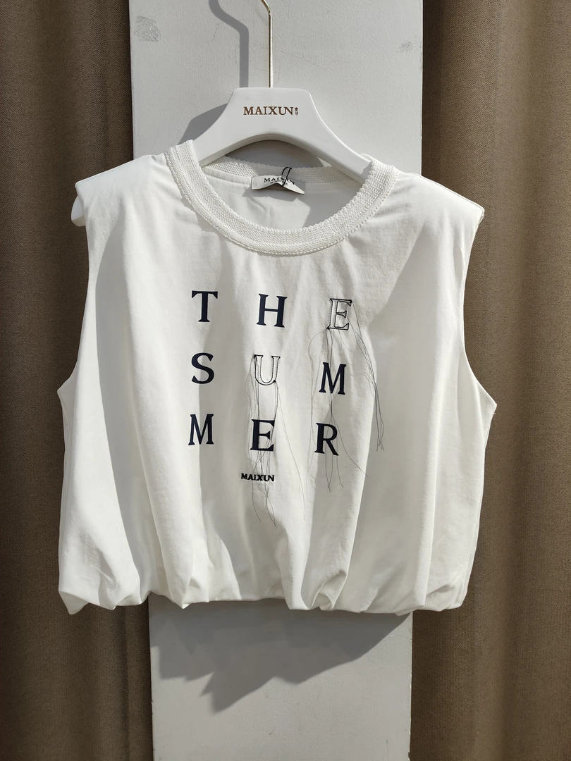 麦寻专柜无袖百搭圆领灰色夏季针织背心宽松T恤字母短款印花休闲