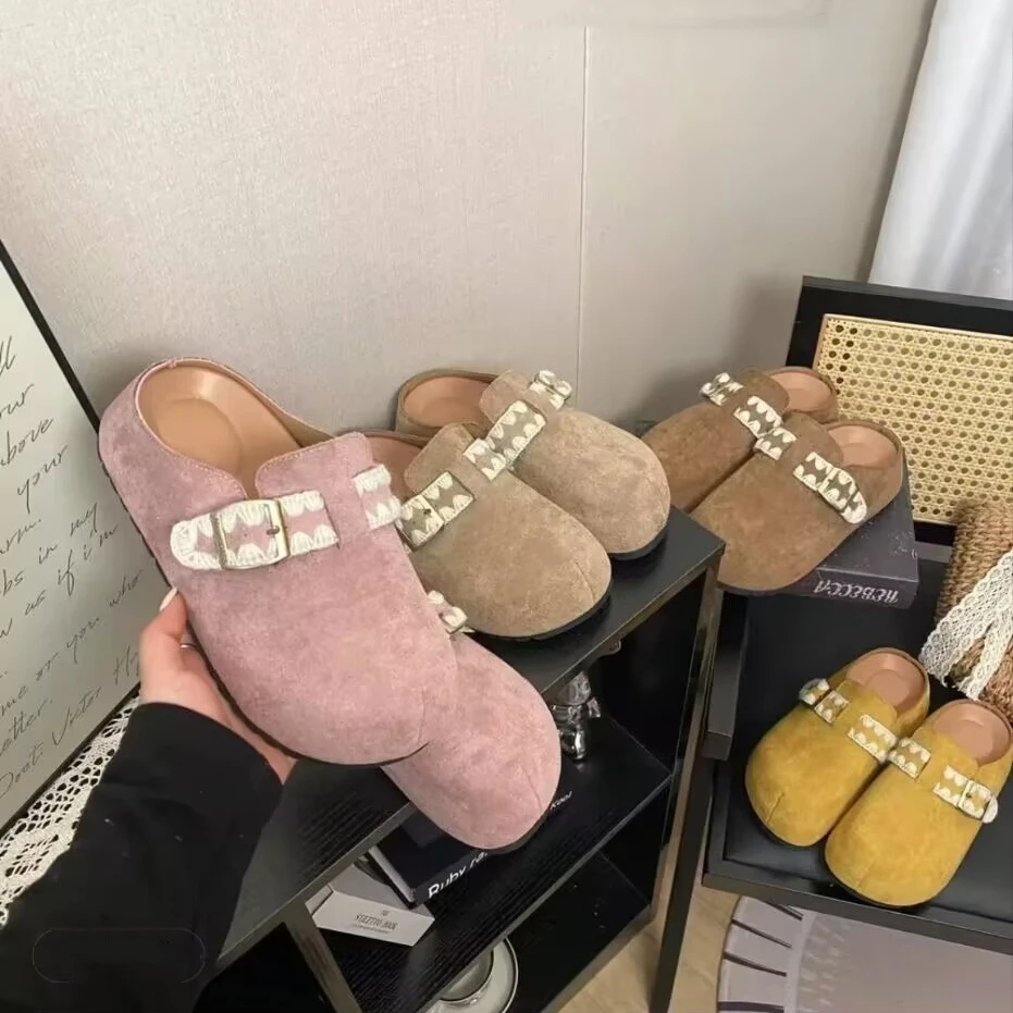 包头厚底半托2025年春季新款丑萌刺绣勃肯鞋时尚外穿学院风拖鞋女