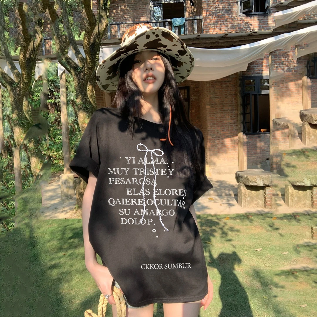 夏季新款芭蕾风显瘦百搭休闲圆领上衣宽松设计印花纯棉显瘦短袖